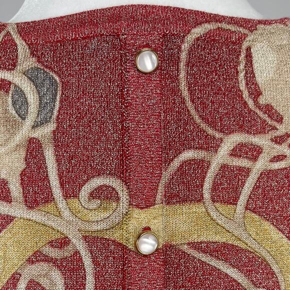 J. McLaughlin Red Gold Metallic Top Size Medium Button Back Artsy Contemporary - Picture 7 of 11